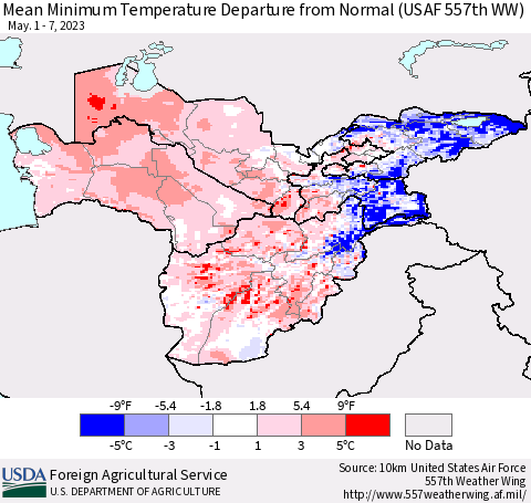 Central Asia Mean Minimum Temperature Departure from Normal (USAF 557th WW) Thematic Map For 5/1/2023 - 5/7/2023