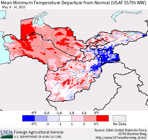 Central Asia Mean Minimum Temperature Departure from Normal (USAF 557th WW) Thematic Map For 5/8/2023 - 5/14/2023