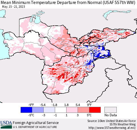 Central Asia Mean Minimum Temperature Departure from Normal (USAF 557th WW) Thematic Map For 5/15/2023 - 5/21/2023