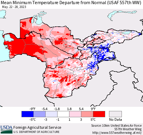 Central Asia Mean Minimum Temperature Departure from Normal (USAF 557th WW) Thematic Map For 5/22/2023 - 5/28/2023
