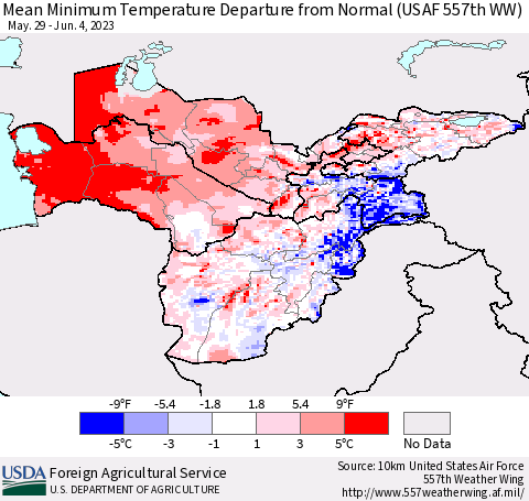 Central Asia Mean Minimum Temperature Departure from Normal (USAF 557th WW) Thematic Map For 5/29/2023 - 6/4/2023
