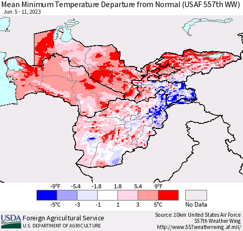 Central Asia Mean Minimum Temperature Departure from Normal (USAF 557th WW) Thematic Map For 6/5/2023 - 6/11/2023