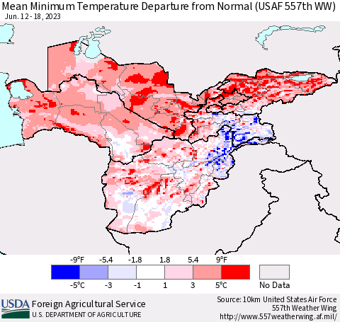 Central Asia Mean Minimum Temperature Departure from Normal (USAF 557th WW) Thematic Map For 6/12/2023 - 6/18/2023