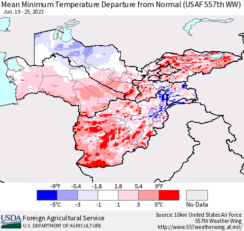 Central Asia Mean Minimum Temperature Departure from Normal (USAF 557th WW) Thematic Map For 6/19/2023 - 6/25/2023
