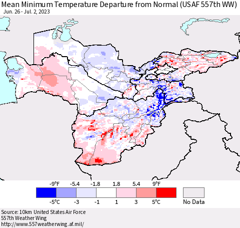 Central Asia Mean Minimum Temperature Departure from Normal (USAF 557th WW) Thematic Map For 6/26/2023 - 7/2/2023
