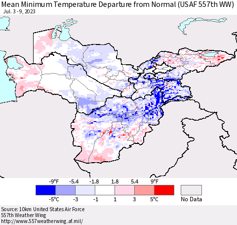Central Asia Mean Minimum Temperature Departure from Normal (USAF 557th WW) Thematic Map For 7/3/2023 - 7/9/2023