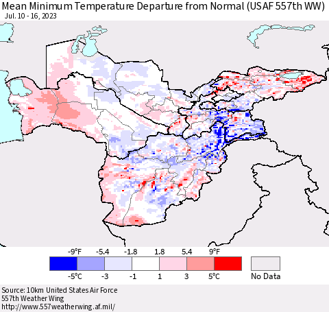 Central Asia Mean Minimum Temperature Departure from Normal (USAF 557th WW) Thematic Map For 7/10/2023 - 7/16/2023