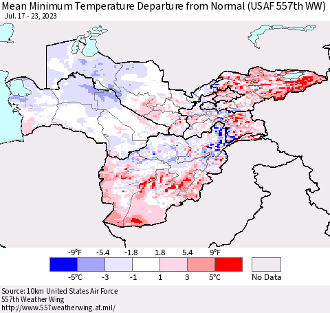 Central Asia Mean Minimum Temperature Departure from Normal (USAF 557th WW) Thematic Map For 7/17/2023 - 7/23/2023