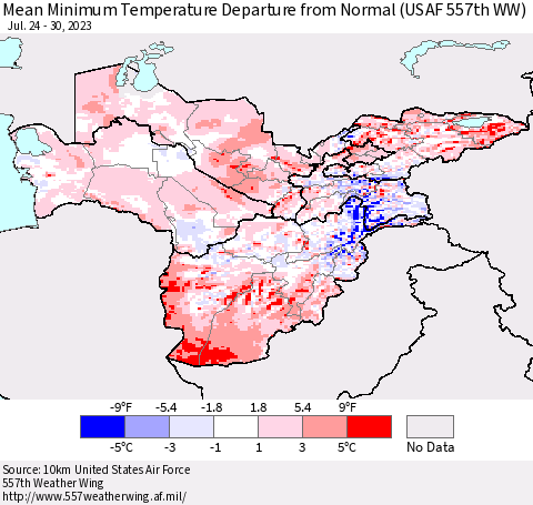 Central Asia Mean Minimum Temperature Departure from Normal (USAF 557th WW) Thematic Map For 7/24/2023 - 7/30/2023