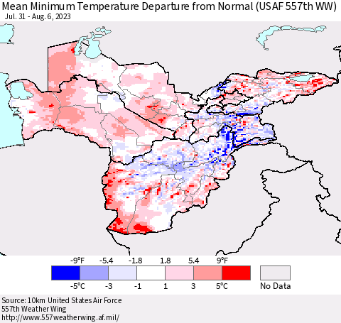 Central Asia Mean Minimum Temperature Departure from Normal (USAF 557th WW) Thematic Map For 7/31/2023 - 8/6/2023