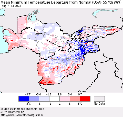 Central Asia Mean Minimum Temperature Departure from Normal (USAF 557th WW) Thematic Map For 8/7/2023 - 8/13/2023