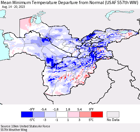 Central Asia Mean Minimum Temperature Departure from Normal (USAF 557th WW) Thematic Map For 8/14/2023 - 8/20/2023
