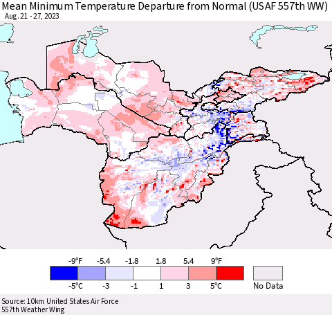 Central Asia Mean Minimum Temperature Departure from Normal (USAF 557th WW) Thematic Map For 8/21/2023 - 8/27/2023