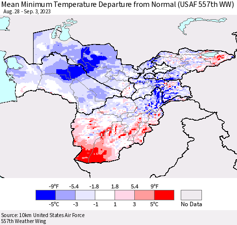 Central Asia Mean Minimum Temperature Departure from Normal (USAF 557th WW) Thematic Map For 8/28/2023 - 9/3/2023