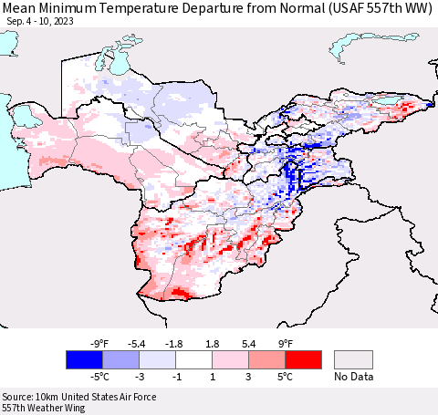 Central Asia Mean Minimum Temperature Departure from Normal (USAF 557th WW) Thematic Map For 9/4/2023 - 9/10/2023