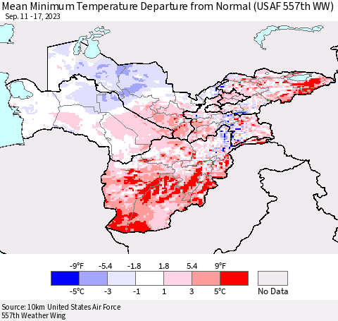 Central Asia Mean Minimum Temperature Departure from Normal (USAF 557th WW) Thematic Map For 9/11/2023 - 9/17/2023