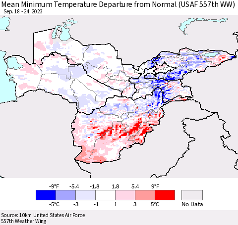 Central Asia Mean Minimum Temperature Departure from Normal (USAF 557th WW) Thematic Map For 9/18/2023 - 9/24/2023