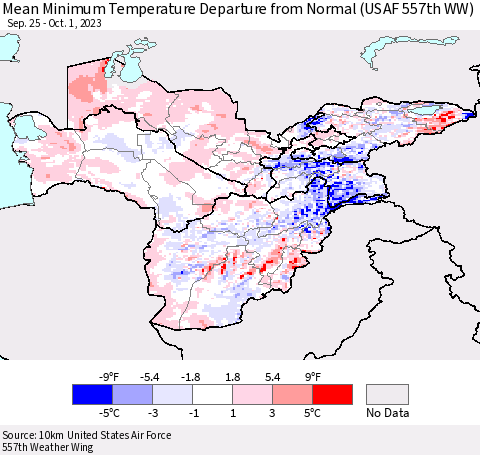Central Asia Mean Minimum Temperature Departure from Normal (USAF 557th WW) Thematic Map For 9/25/2023 - 10/1/2023