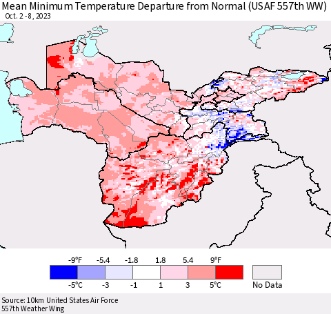 Central Asia Mean Minimum Temperature Departure from Normal (USAF 557th WW) Thematic Map For 10/2/2023 - 10/8/2023