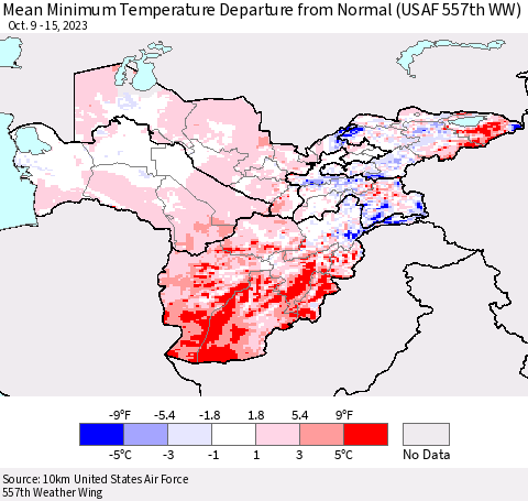 Central Asia Mean Minimum Temperature Departure from Normal (USAF 557th WW) Thematic Map For 10/9/2023 - 10/15/2023