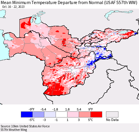 Central Asia Mean Minimum Temperature Departure from Normal (USAF 557th WW) Thematic Map For 10/16/2023 - 10/22/2023