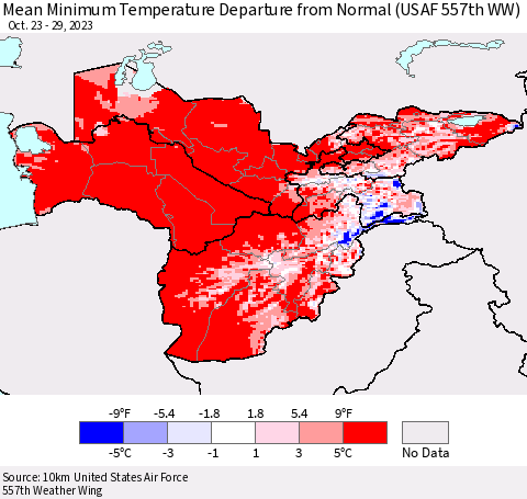 Central Asia Mean Minimum Temperature Departure from Normal (USAF 557th WW) Thematic Map For 10/23/2023 - 10/29/2023