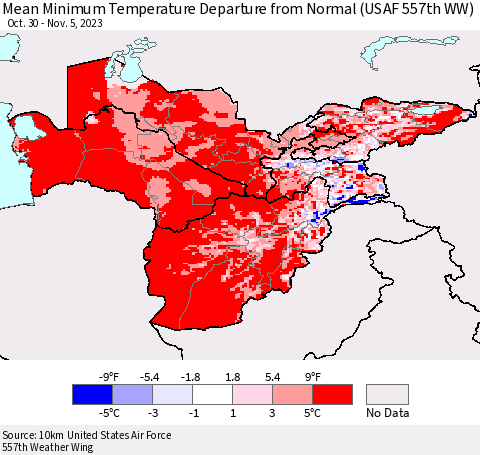 Central Asia Mean Minimum Temperature Departure from Normal (USAF 557th WW) Thematic Map For 10/30/2023 - 11/5/2023