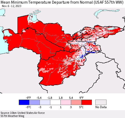 Central Asia Mean Minimum Temperature Departure from Normal (USAF 557th WW) Thematic Map For 11/6/2023 - 11/12/2023