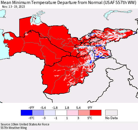 Central Asia Mean Minimum Temperature Departure from Normal (USAF 557th WW) Thematic Map For 11/13/2023 - 11/19/2023