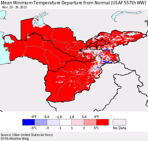 Central Asia Mean Minimum Temperature Departure from Normal (USAF 557th WW) Thematic Map For 11/20/2023 - 11/26/2023