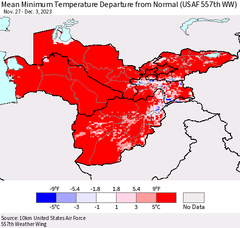 Central Asia Mean Minimum Temperature Departure from Normal (USAF 557th WW) Thematic Map For 11/27/2023 - 12/3/2023