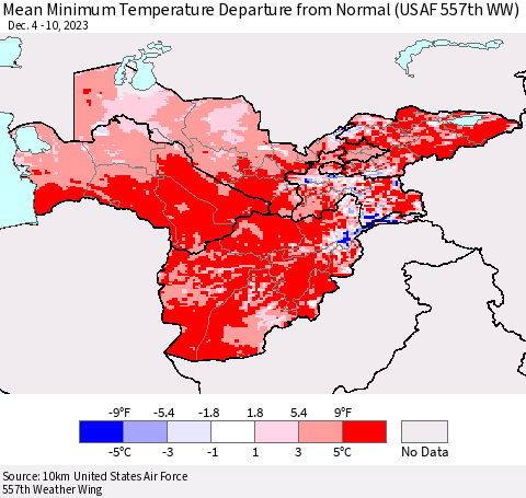 Central Asia Mean Minimum Temperature Departure from Normal (USAF 557th WW) Thematic Map For 12/4/2023 - 12/10/2023