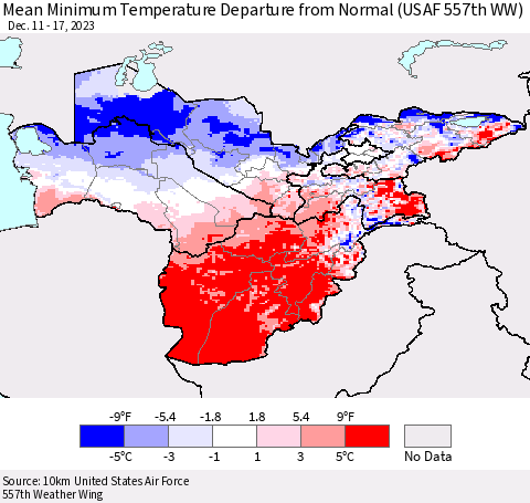 Central Asia Mean Minimum Temperature Departure from Normal (USAF 557th WW) Thematic Map For 12/11/2023 - 12/17/2023