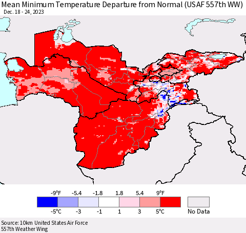 Central Asia Mean Minimum Temperature Departure from Normal (USAF 557th WW) Thematic Map For 12/18/2023 - 12/24/2023