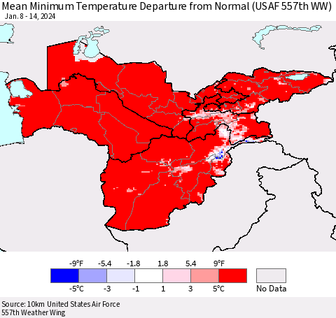 Central Asia Mean Minimum Temperature Departure from Normal (USAF 557th WW) Thematic Map For 1/8/2024 - 1/14/2024