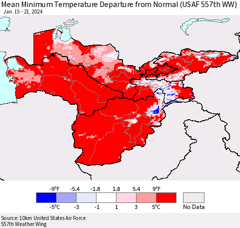 Central Asia Mean Minimum Temperature Departure from Normal (USAF 557th WW) Thematic Map For 1/15/2024 - 1/21/2024
