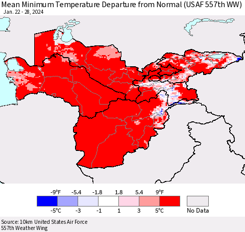 Central Asia Mean Minimum Temperature Departure from Normal (USAF 557th WW) Thematic Map For 1/22/2024 - 1/28/2024