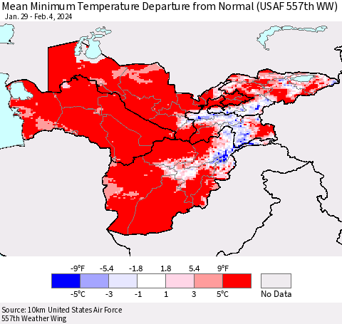 Central Asia Mean Minimum Temperature Departure from Normal (USAF 557th WW) Thematic Map For 1/29/2024 - 2/4/2024
