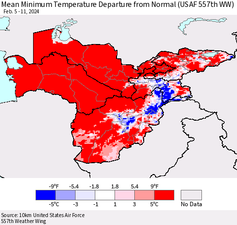 Central Asia Mean Minimum Temperature Departure from Normal (USAF 557th WW) Thematic Map For 2/5/2024 - 2/11/2024