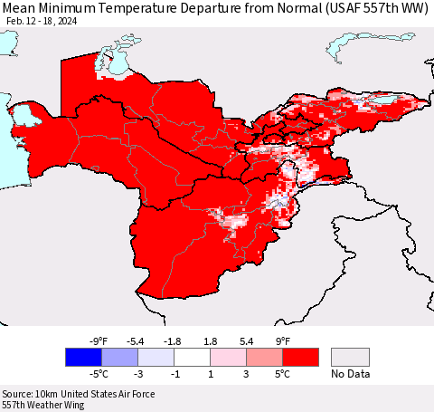 Central Asia Mean Minimum Temperature Departure from Normal (USAF 557th WW) Thematic Map For 2/12/2024 - 2/18/2024
