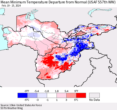 Central Asia Mean Minimum Temperature Departure from Normal (USAF 557th WW) Thematic Map For 2/19/2024 - 2/25/2024