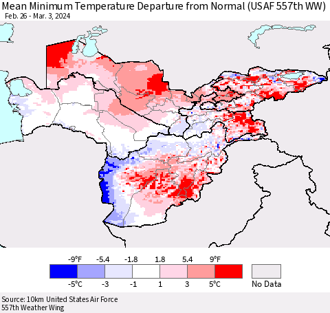 Central Asia Mean Minimum Temperature Departure from Normal (USAF 557th WW) Thematic Map For 2/26/2024 - 3/3/2024