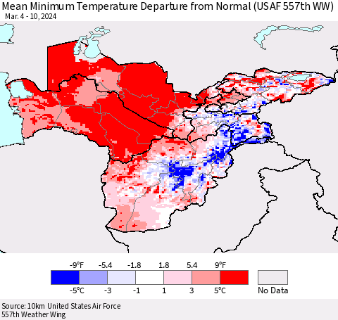 Central Asia Mean Minimum Temperature Departure from Normal (USAF 557th WW) Thematic Map For 3/4/2024 - 3/10/2024