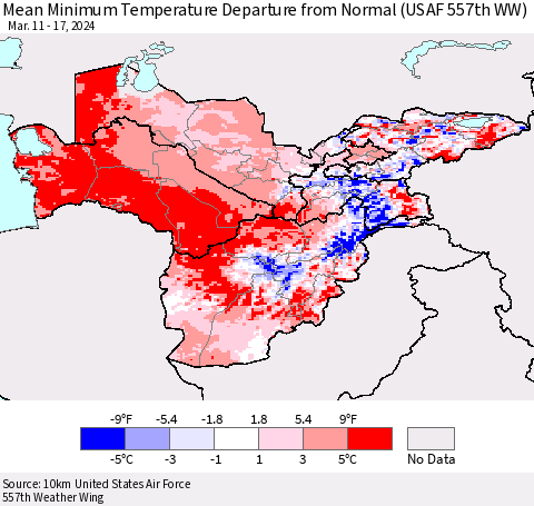 Central Asia Mean Minimum Temperature Departure from Normal (USAF 557th WW) Thematic Map For 3/11/2024 - 3/17/2024