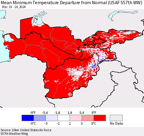 Central Asia Mean Minimum Temperature Departure from Normal (USAF 557th WW) Thematic Map For 3/18/2024 - 3/24/2024