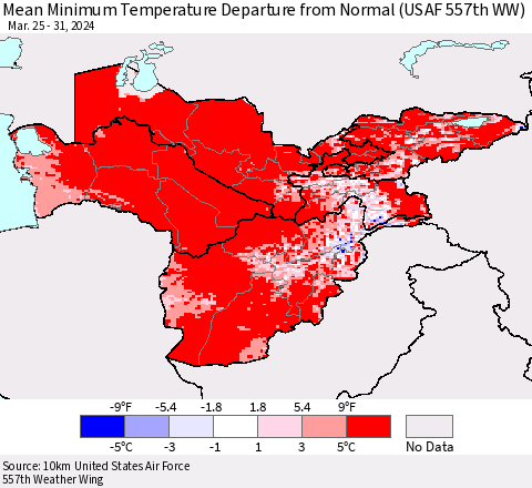 Central Asia Mean Minimum Temperature Departure from Normal (USAF 557th WW) Thematic Map For 3/25/2024 - 3/31/2024