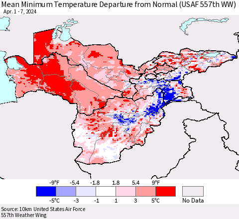 Central Asia Mean Minimum Temperature Departure from Normal (USAF 557th WW) Thematic Map For 4/1/2024 - 4/7/2024