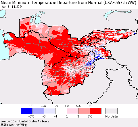 Central Asia Mean Minimum Temperature Departure from Normal (USAF 557th WW) Thematic Map For 4/8/2024 - 4/14/2024