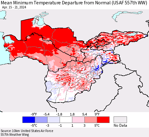 Central Asia Mean Minimum Temperature Departure from Normal (USAF 557th WW) Thematic Map For 4/15/2024 - 4/21/2024
