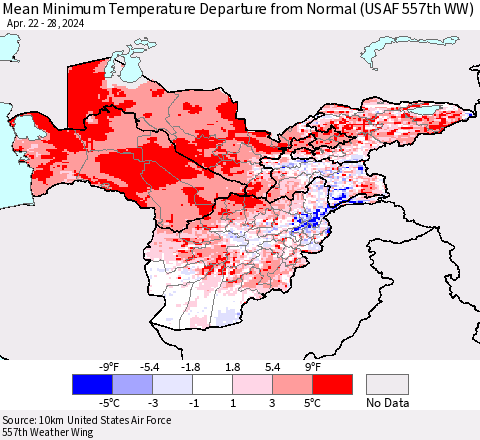 Central Asia Mean Minimum Temperature Departure from Normal (USAF 557th WW) Thematic Map For 4/22/2024 - 4/28/2024